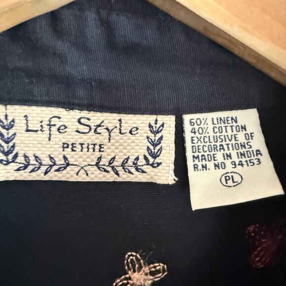 Life Style Black Linen cotton Blend Floral Embroidered Tunic Shirt Petite Large - Picture 4 of 5